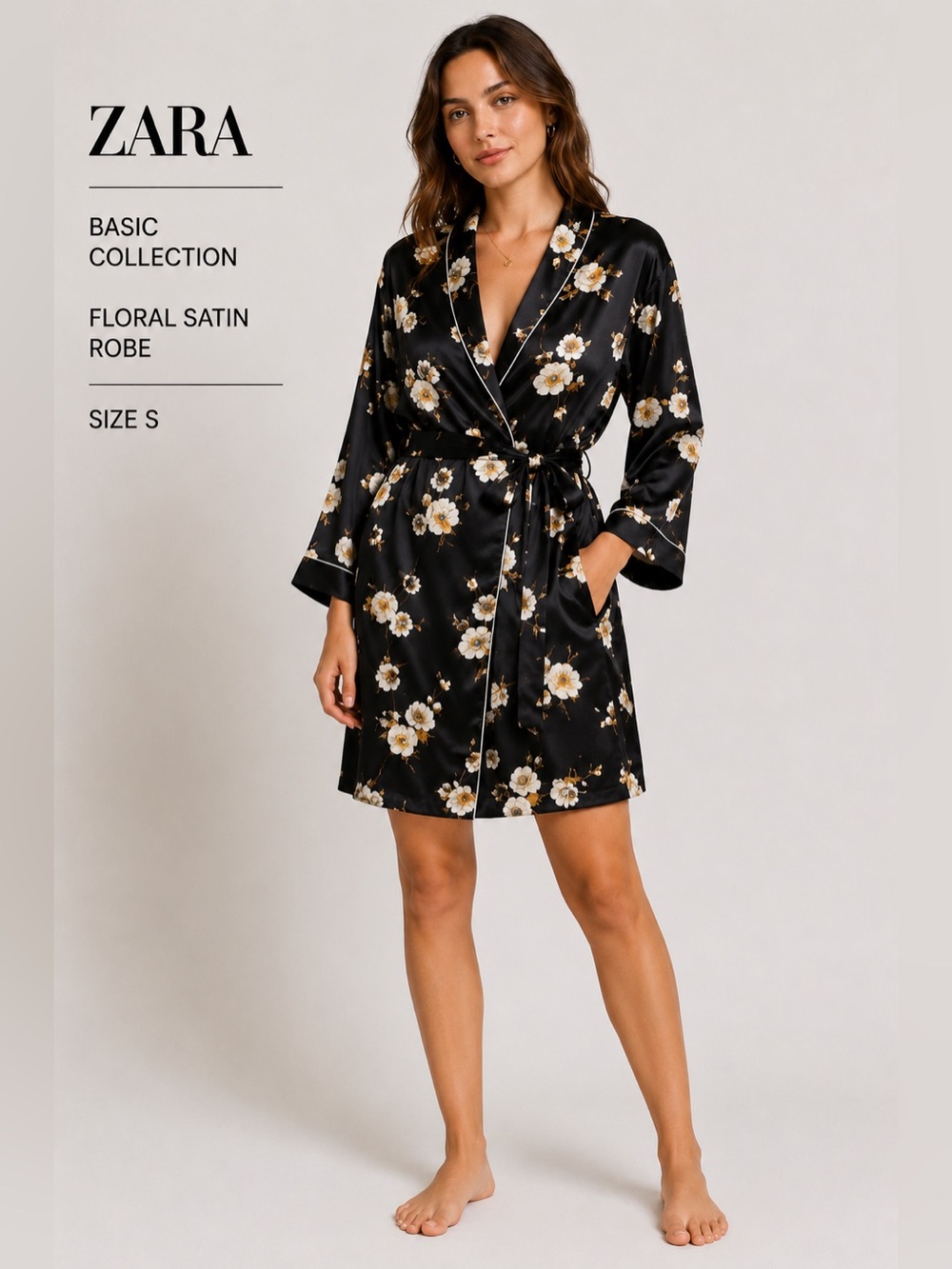 Zara Basic Collection romantic feminine  Black Floral Satin Robe/size S